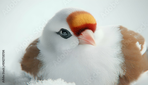 Close-up portrait of a small white bird with a red and orange crown. photo