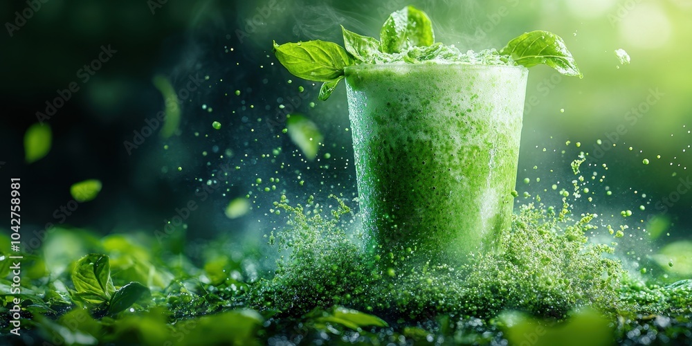 a glass filled with green liquid and sping leaves a glass filled with green liquid and sping leaves