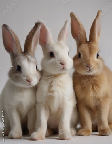 three rabbits sitting next to each other on a white surface. photo