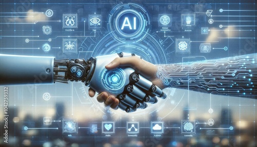AI and Human Collaboration: Futuristic Handshake Between Human and Robot Surrounded by Holographic Digital Icons Representing Machine Learning, Automation, and Technological Innovation