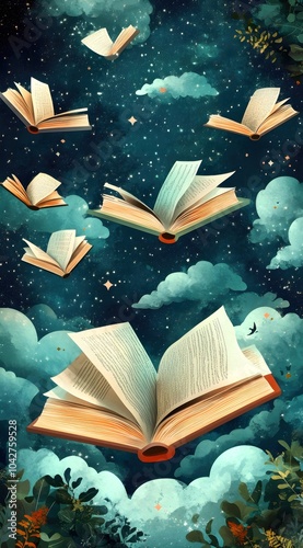Books Soaring Through a Dreamy Sky