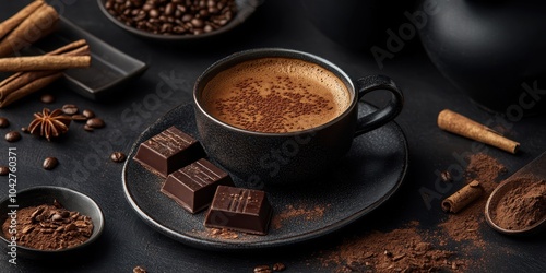 a cup of coffee with chocolate and cinnamons photo