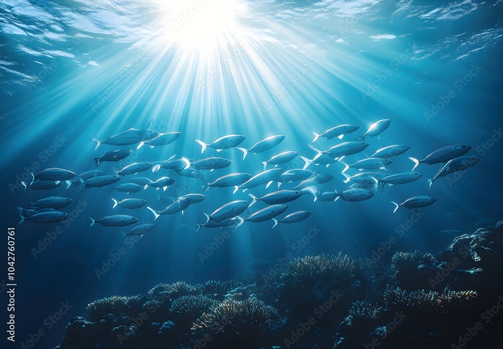 Fototapeta premium Mesmerizing Underwater Scene with Schools of Fish