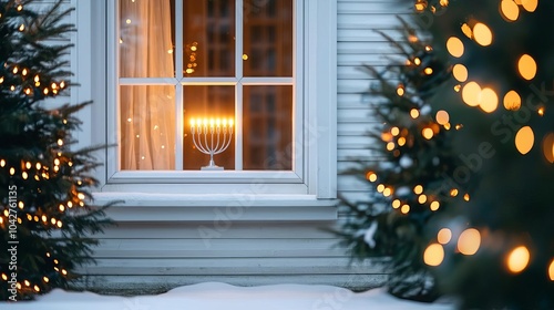 Outdoor winter scene with menorah glowing in the window, Christmas lights wrapped around trees, blending two holiday traditions photo