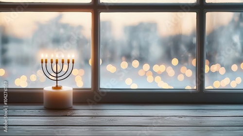 Winter window scene with glowing menorah and Christmas lights outside, combining the warmth of both holiday celebrations photo