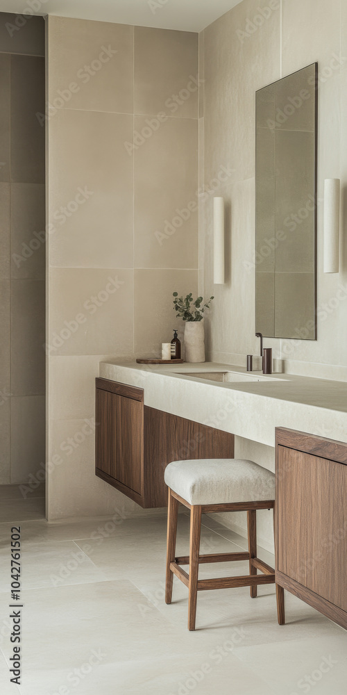 Modern bathroom with minimalist design and natural elements featuring a wooden vanity and stool Modern bathroom with minimalist design and natural elements featuring a wooden vanity and stool