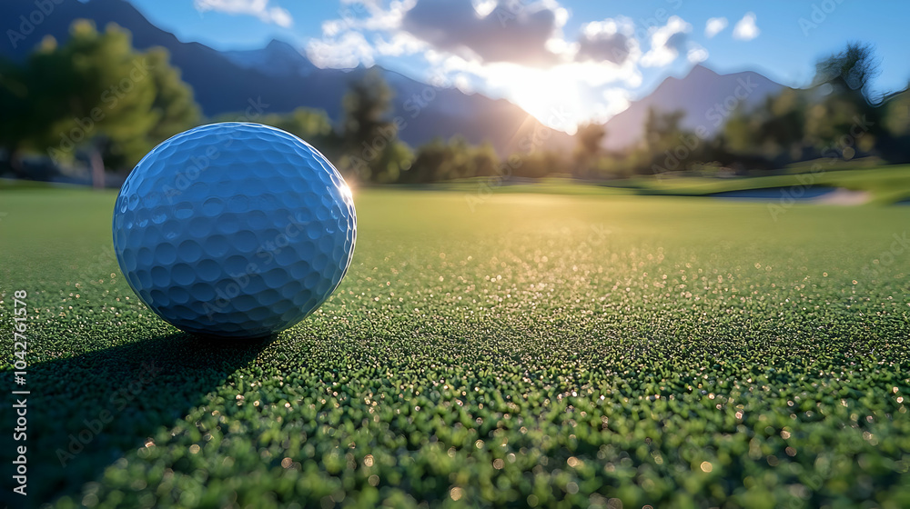 Golf Ball on Green Grass with Mountain Background - Realistic Image Golf Ball on Green Grass with Mountain Background - Realistic Image