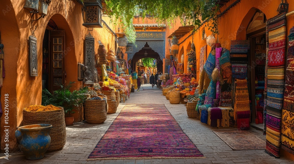 Fototapeta premium Vibrant marketplace with colorful textiles and spices.