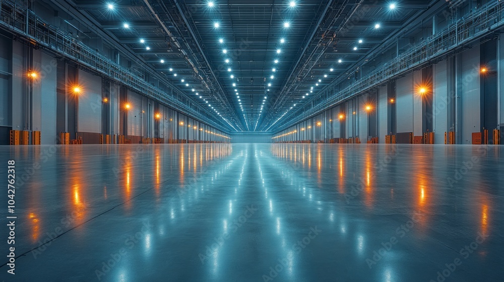 A large, empty warehouse with bright lights shining down on the floor