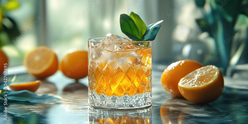 Fototapeta premium a glass of orange juice with a leaf on top