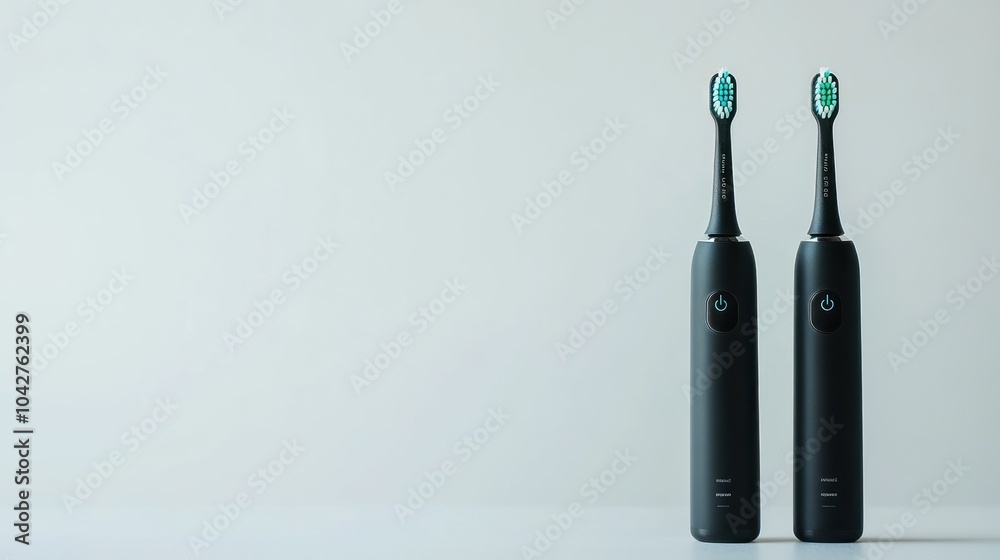 Fototapeta premium Two modern electric toothbrushes displayed on a minimalistic background.