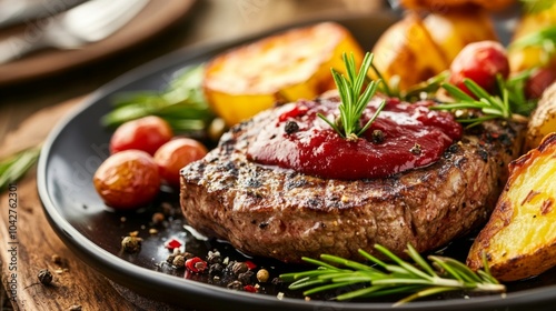 Juicy Steak with Garnish and Sides for Dinner Plate