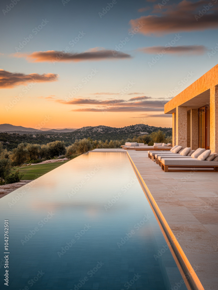 Fototapeta premium Tranquil sunset at a luxurious villa with an infinity pool overlooking the serene landscape