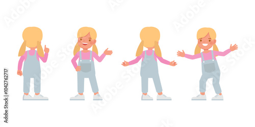 Kid wear blue denim jumpsuit character set. Girl smiling vector illustration design.