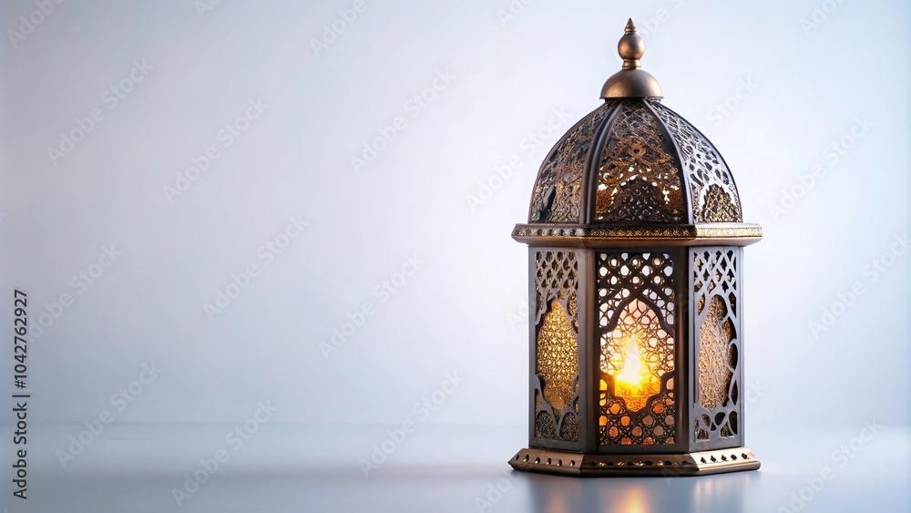 Decorative mosque-shaped lantern with light inside on white background, close-up Decorative mosque-shaped lantern with light inside on white background, close-up