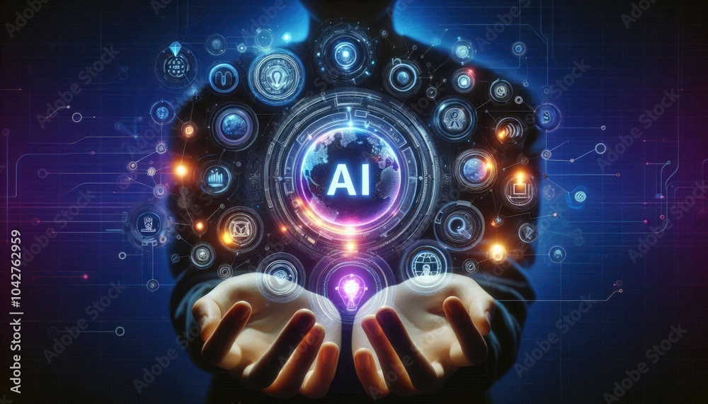 Immersive AI Experience: Person Using VR Headset Interacting with Holographic AI Interface, Featuring Digital Icons for Data Processing, Automation, and Global Connectivity