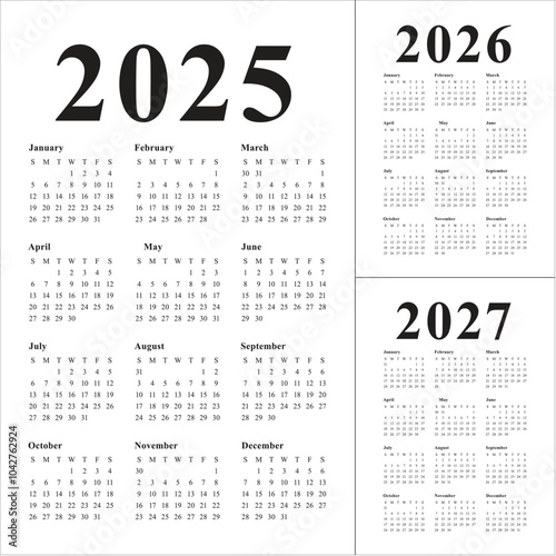 2025 2026 2027 year calendar vector design template