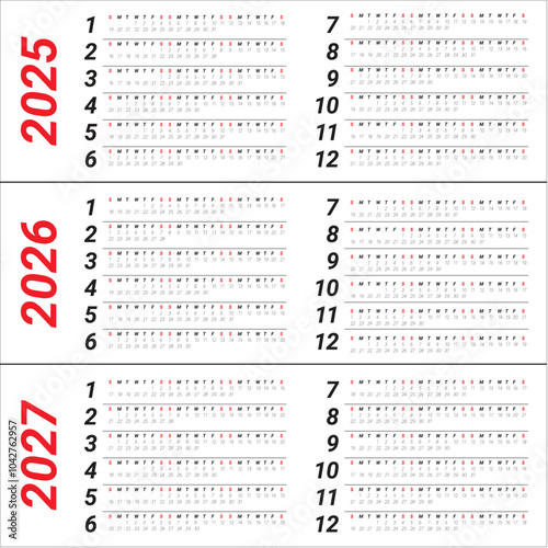 2025 2026 2027 year calendar vector design template