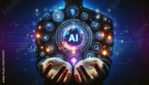 Immersive AI Experience: Person Using VR Headset Interacting with Holographic AI Interface, Featuring Digital Icons for Data Processing, Automation, and Global Connectivity