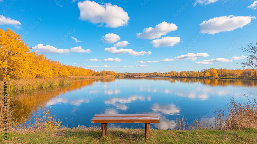 Obraz premium In the distance, there is an autumn lake with green grass and yellow trees on both sides of it. There is also a bench by its side. The clouds in the sky reflect the blue water surface of the lake,