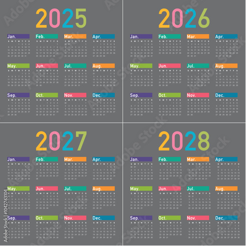 2025 2026 2027 2028 year calendar vector design template