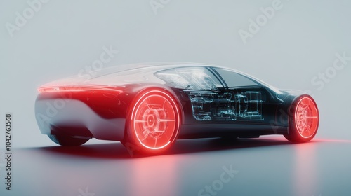 Futuristic car design showcasing transparent features and glowing wheels.