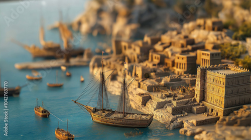 An ancient Phoenician harbor featuring detailed ship replicas, set against a clear blue sea. v2