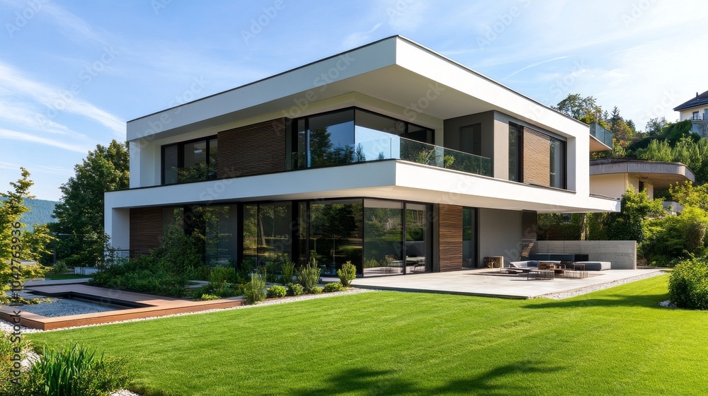 Modern white house with a wooden deck and large windows. Modern white house with a wooden deck and large windows.