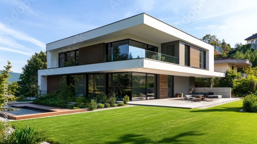 Modern white house with a wooden deck and large windows.
