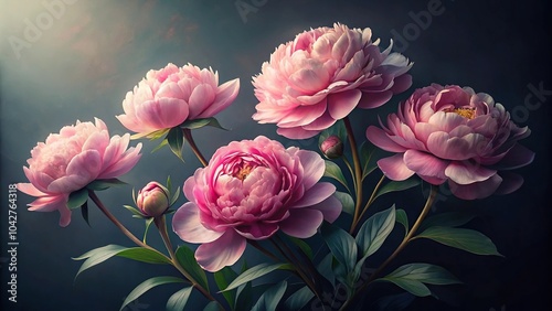 Fototapeta Naklejka Na Ścianę i Meble -  Delicate pink peonies in watercolor style on dark background