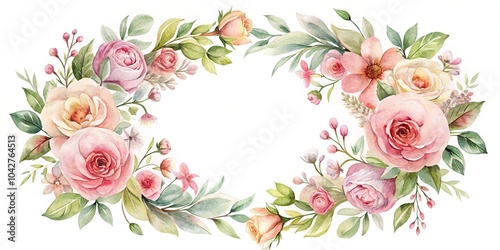 delicate watercolor floral wreath with pink flowers on a white background
