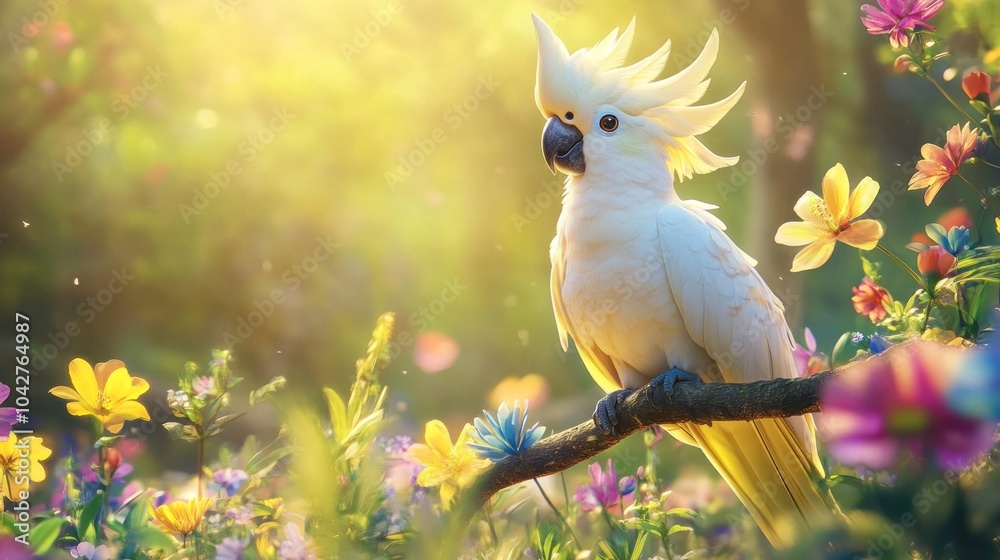 A vibrant yellow cockatoo perched on a branch amidst colorful flowers in a sunlit garden.
