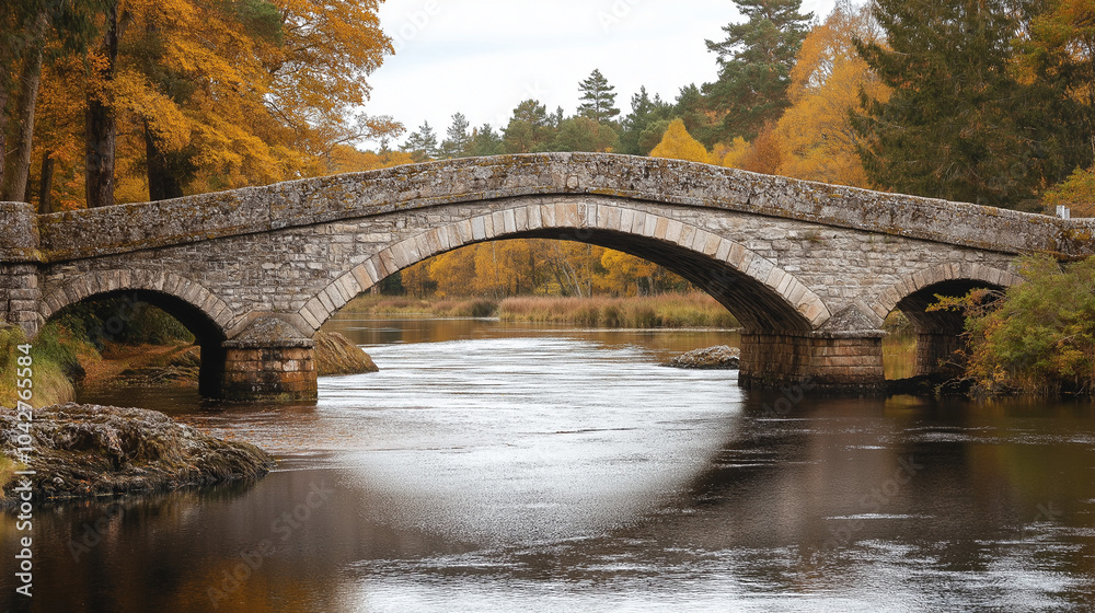 A historic Scottish stone bridge crossing a tranquil river, surrounded by autumn foliage. A historic Scottish stone bridge crossing a tranquil river, surrounded by autumn foliage.