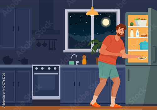 A man is standing in a kitchen at night, illuminated by the open fridge light. He is reaching into the fridge, possibly for food. Through the window, a full moon lights up the sky. Vector