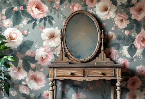 Vintage style boudoir table with round mirror and flowers. White bright room.
 photo