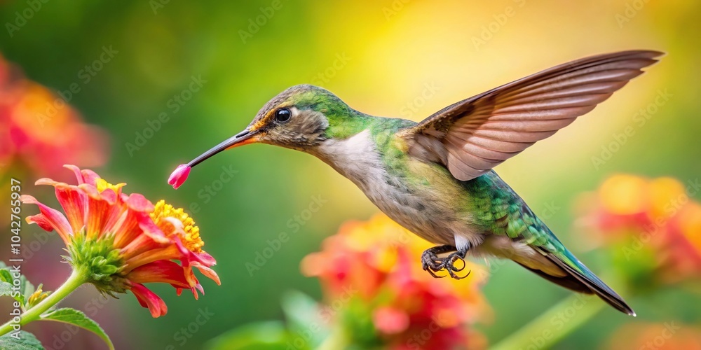 hummingbird colibri feeding on a flower in panoramic view hummingbird colibri feeding on a flower in panoramic view