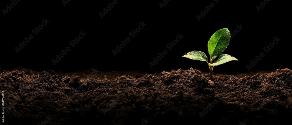 Naklejka premium A young plant emerging from dark soil, symbolizing growth and renewal.