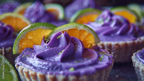 Baked coconut flour pastry with citrus juice based lime icing cream milk purple chocolate and citrus juice photo