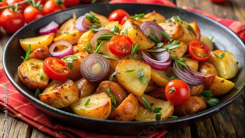 Delicious fried potatoes with onion and cherry tomatoes macro