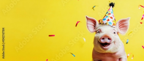 A cheerful pig wearing a party hat, surrounded by confetti against a bright yellow background.