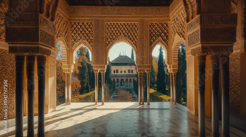 A stunning view of the Alhambra palace in Granada, featuring intricate Islamic architecture and lush gardens. photo