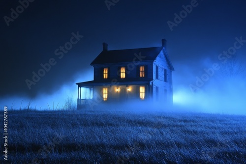 Spooky old haunted house: Eerie house surrounded by mysterious fog at night. Halloween, horror, fairytale background concept. 