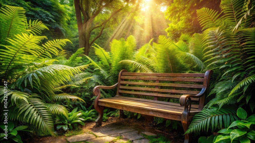 Obraz premium Lush Ferns in a Shaded Garden with a Wooden Bench - Tranquil Outdoor Space for Relaxation, Urban Exploration Photography, Nature and Garden Aesthetics, Serene Atmosphere