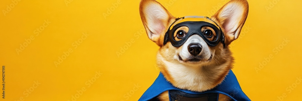A playful corgi dressed as a superhero against a bright yellow background. A playful corgi dressed as a superhero against a bright yellow background.
