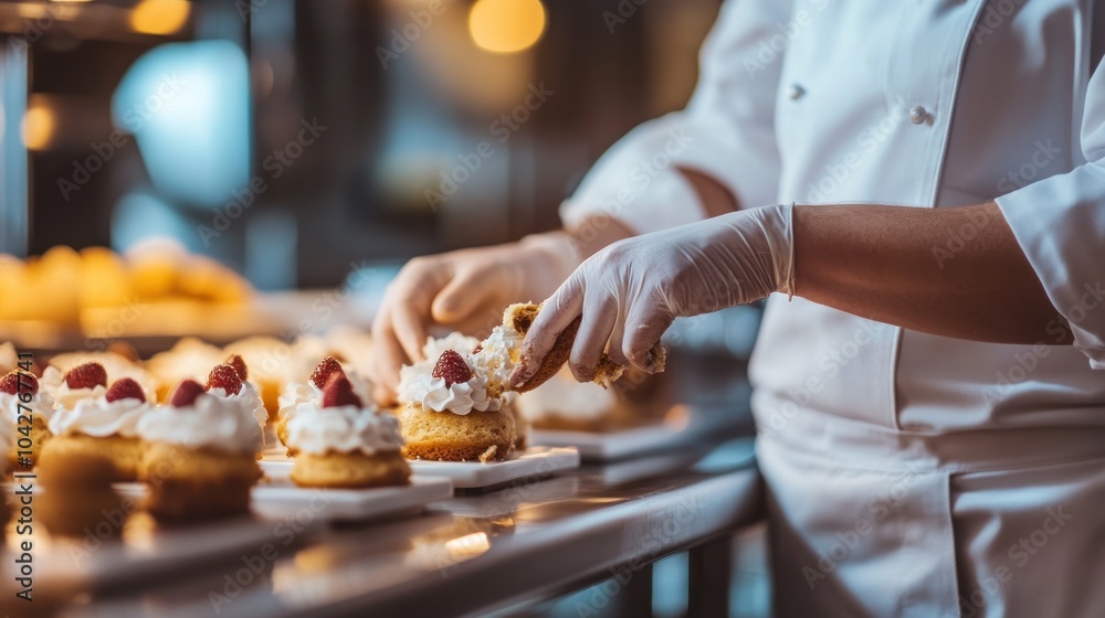 A chef decorates desserts with cream and berries in a kitchen setting.