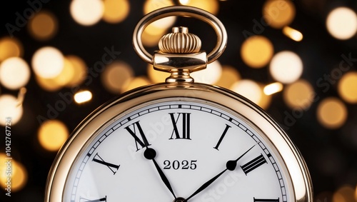 Close-up of a vintage pocket watch with a gold casing. The watch face features Roman numerals in a classic serif font, bokeh