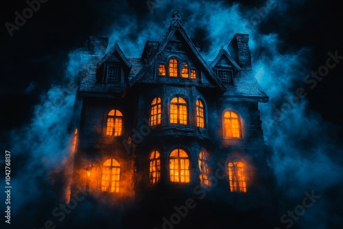 Spooky old haunted house: Eerie house surrounded by mysterious fog at night. Halloween, horror, fairytale background concept. 