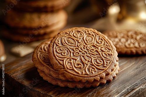 Close-up of Ornate Cookies on Wooden Surface photo