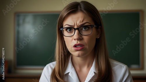 Stern and Authoritative Teacher in Classroom Expressing Intense Emotion