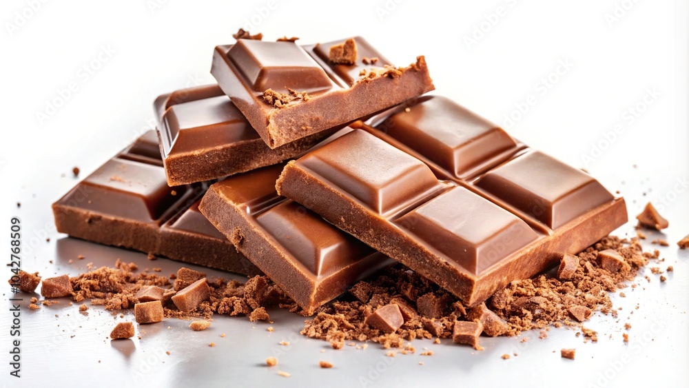 Delicious milk chocolate bar crushed into cubes on white background reflected